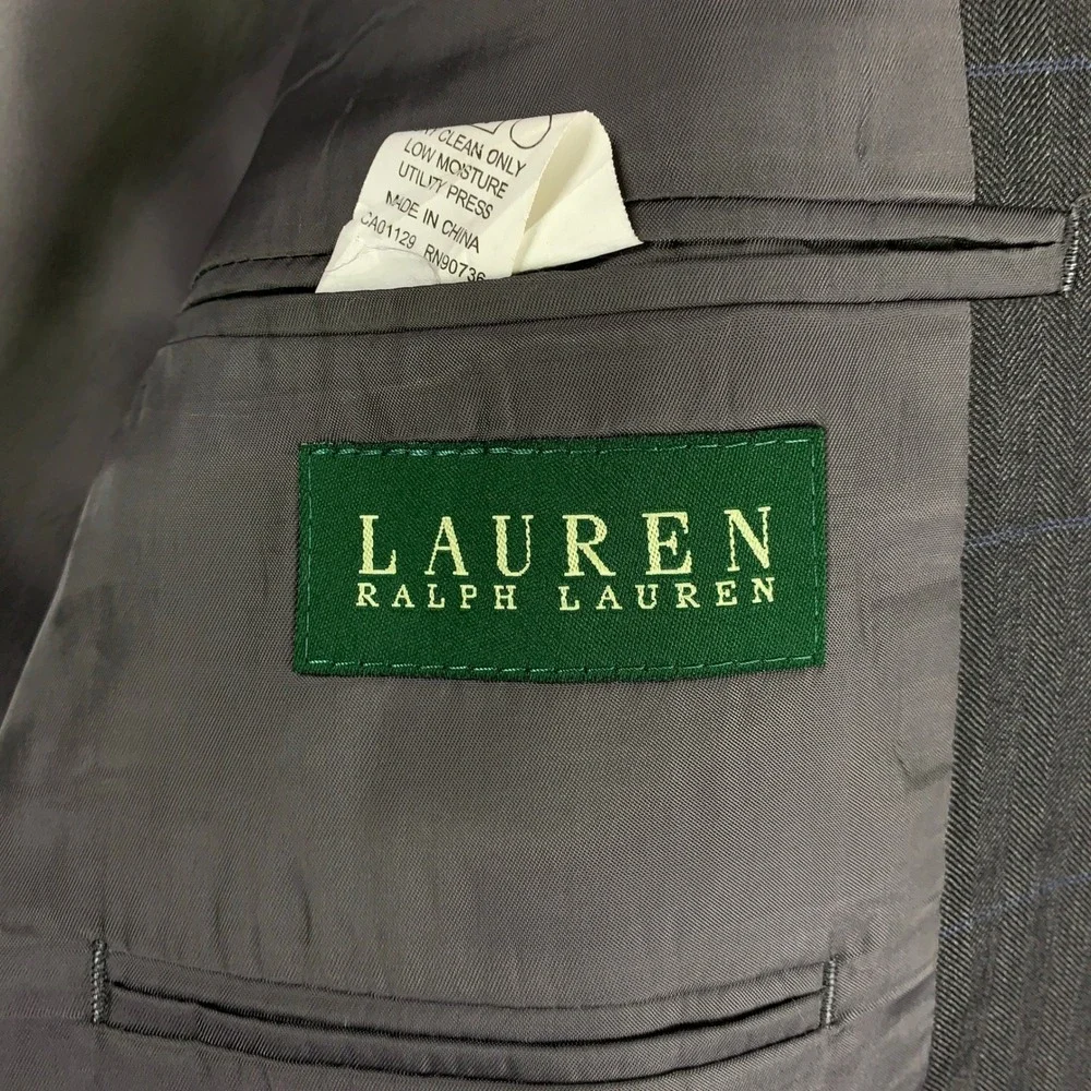 Lauren Ralph Lauren Wool 2 Piece Suit 42L Gray Windowpane Pleated Pants 36x32